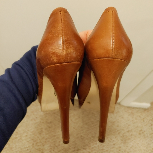 BCBG Retro 70s Cognac Leathet Platform Leather Spike Stiletto  Heels - Picture 5 of 7